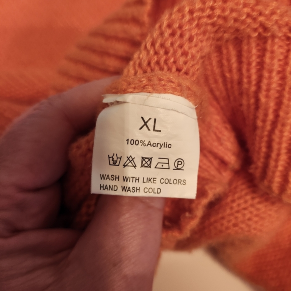 🍊 Vibrant Orange Boat Neck Sweater | Open Knit Sleeves | XL | Spring - Picture 6 of 8